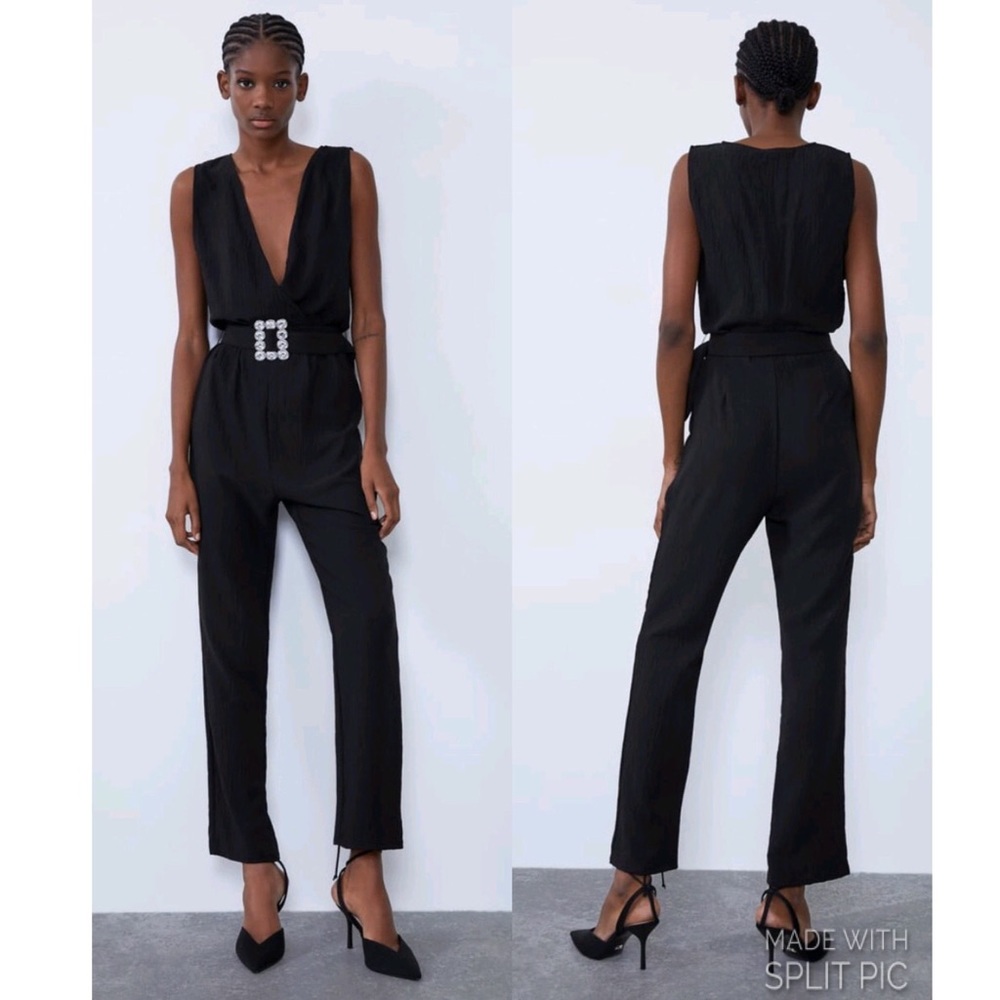 🌞NWT Zara Black V-neck Jumpsuit Jeweled Belt S